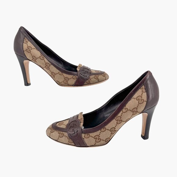 Gucci Interlocking G Beige GG Logo Canvas Heels Pumps Size 7 Women - Picture 8 of 15